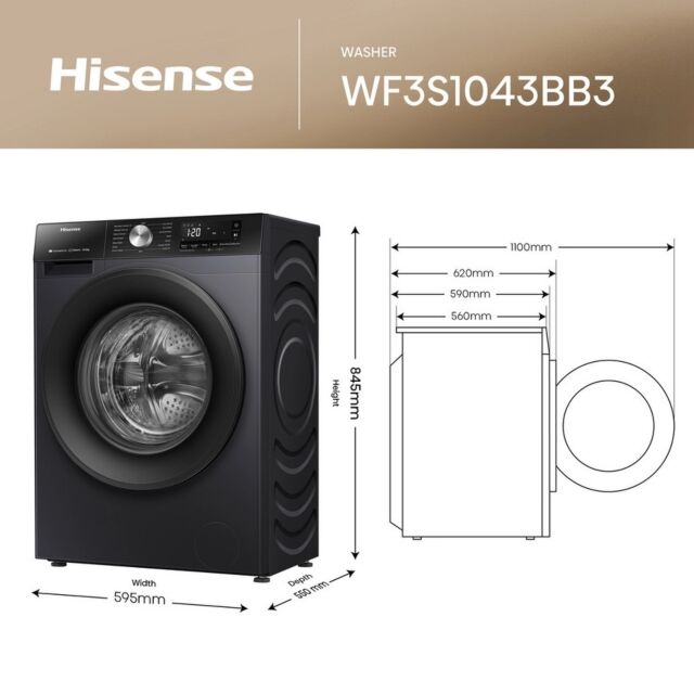 Hisense WF3S1043BB3 10.5kg 1400 Spin Steam Washing Machine - Black
