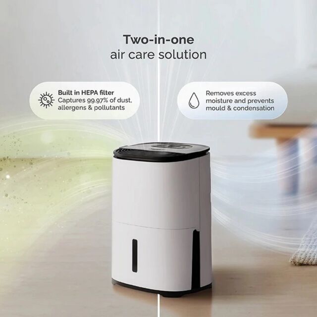 MEACO ARETEONE 6L Compact Dehumidifier / Air Purifier - White & Charcoal Black