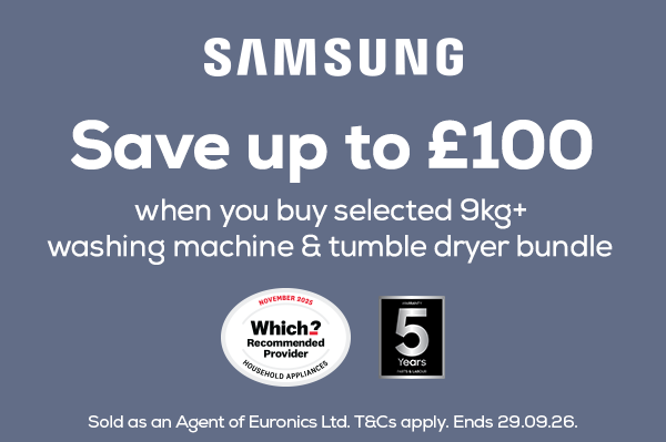 Save &pound;100 when you buy selected Samsung washing machine and tumble dryer bundles