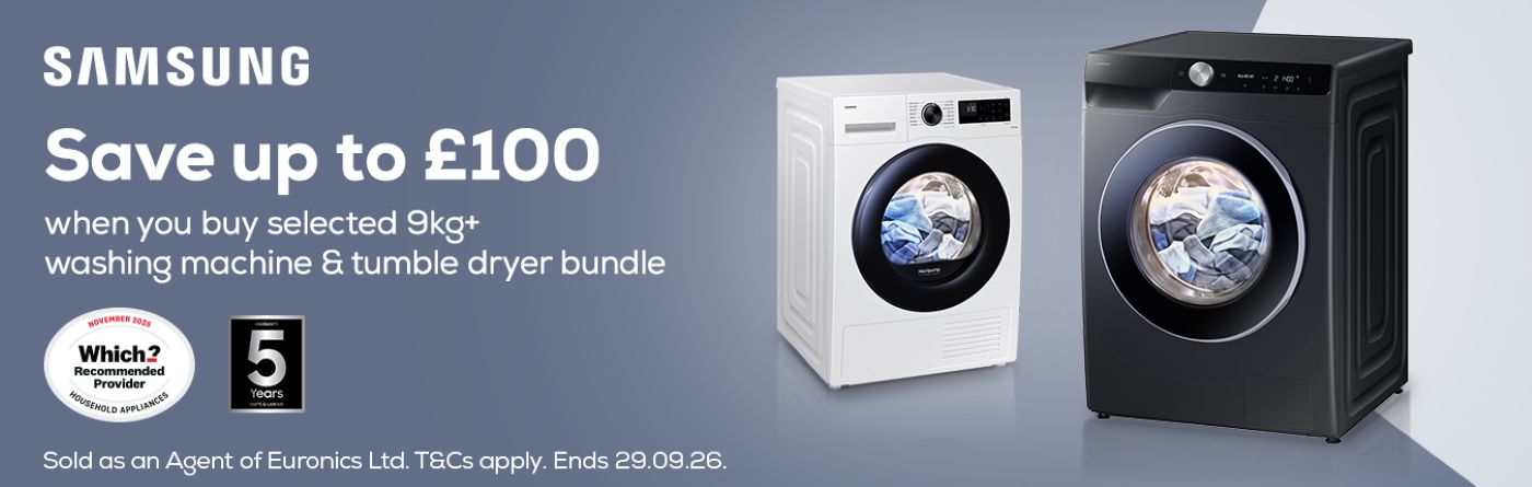 Save &pound;100 when you buy selected Samsung washing machine and tumble dryer bundles